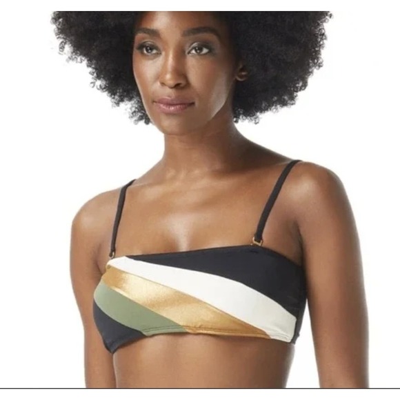 Vince Camuto Other - Vince Camuto Bandeau Bikini Top Black Metallic Gold Stripe S Retro Beach NWT